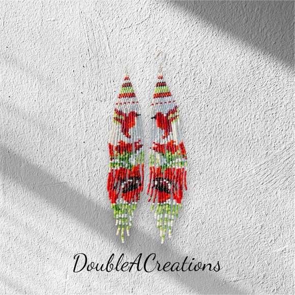 Hummingbirds over Flowers Beaded Earrings with Fringe, New, Handmade by Me - Picture 6 of 9